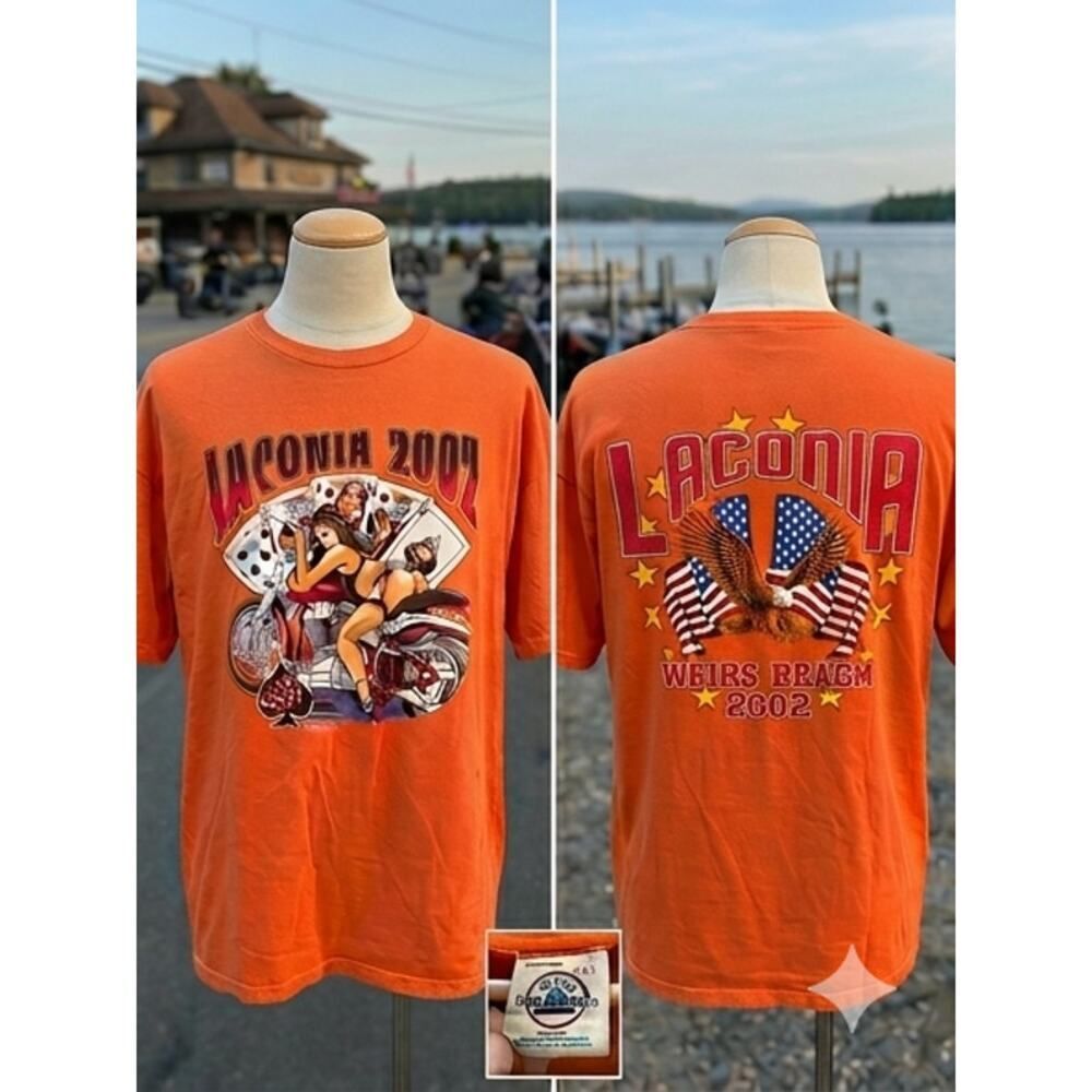 VTG 2002 Laconia Bike Week Weirs Beach Tee 2XL Orange Biker USA Delta Pro Weight